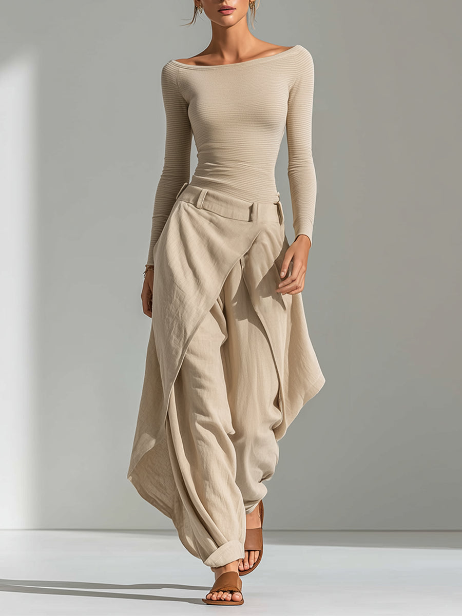 Marta · Conjunto beige con pantalón de volantes