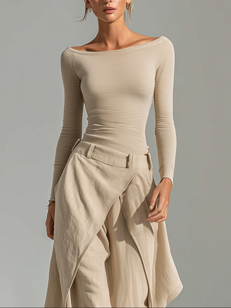 Conjunto de top beige con cuello barco y pantalón ancho con volantes