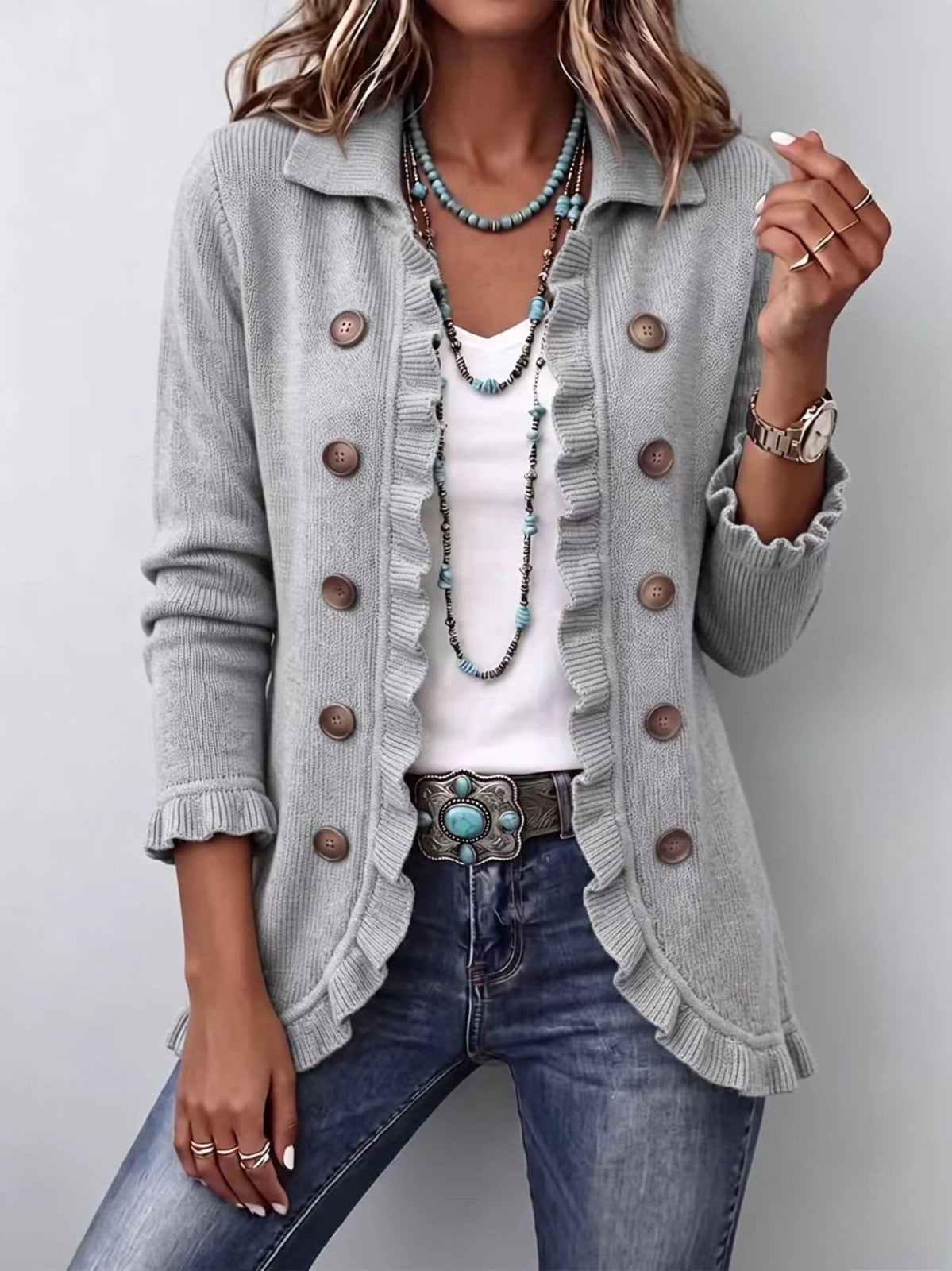 Obdulia · Chaqueta de punto gris con volantes