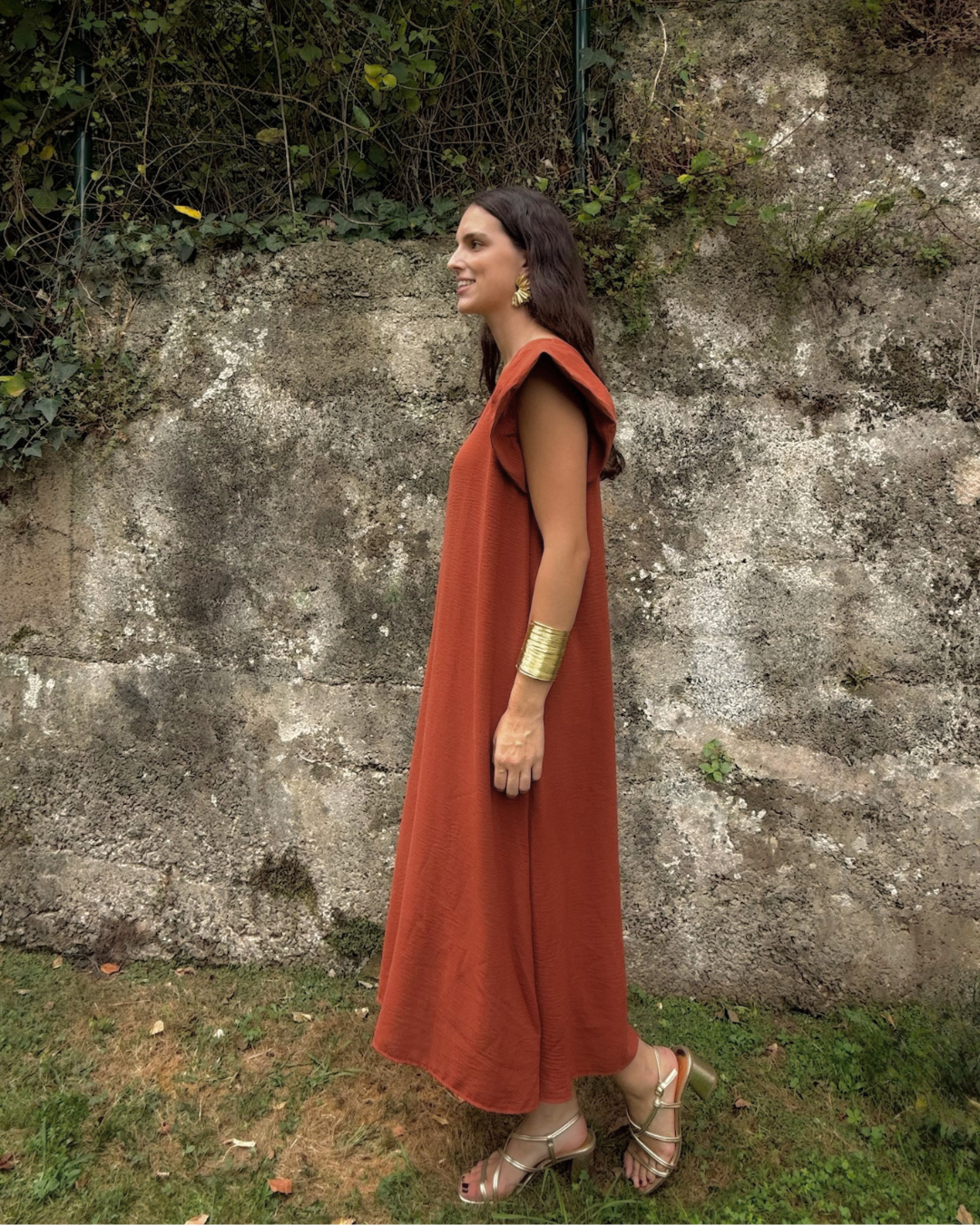 Vestido largo recto teja