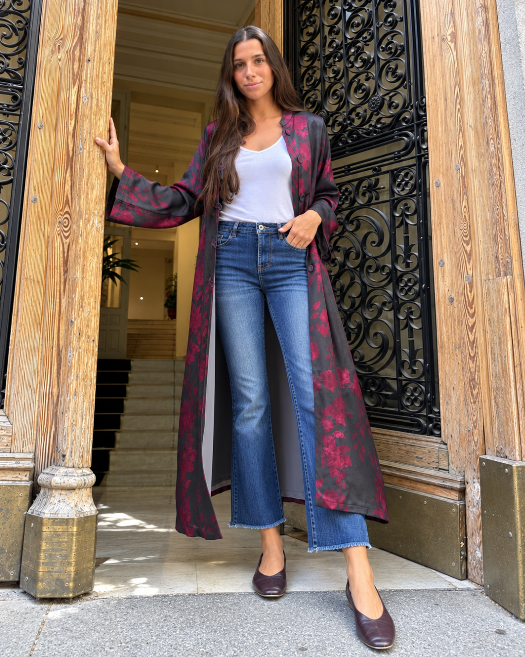 Susana · Kimono midi estampado negro