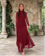 Paz · Vestido largo con manga de gasa burdeos