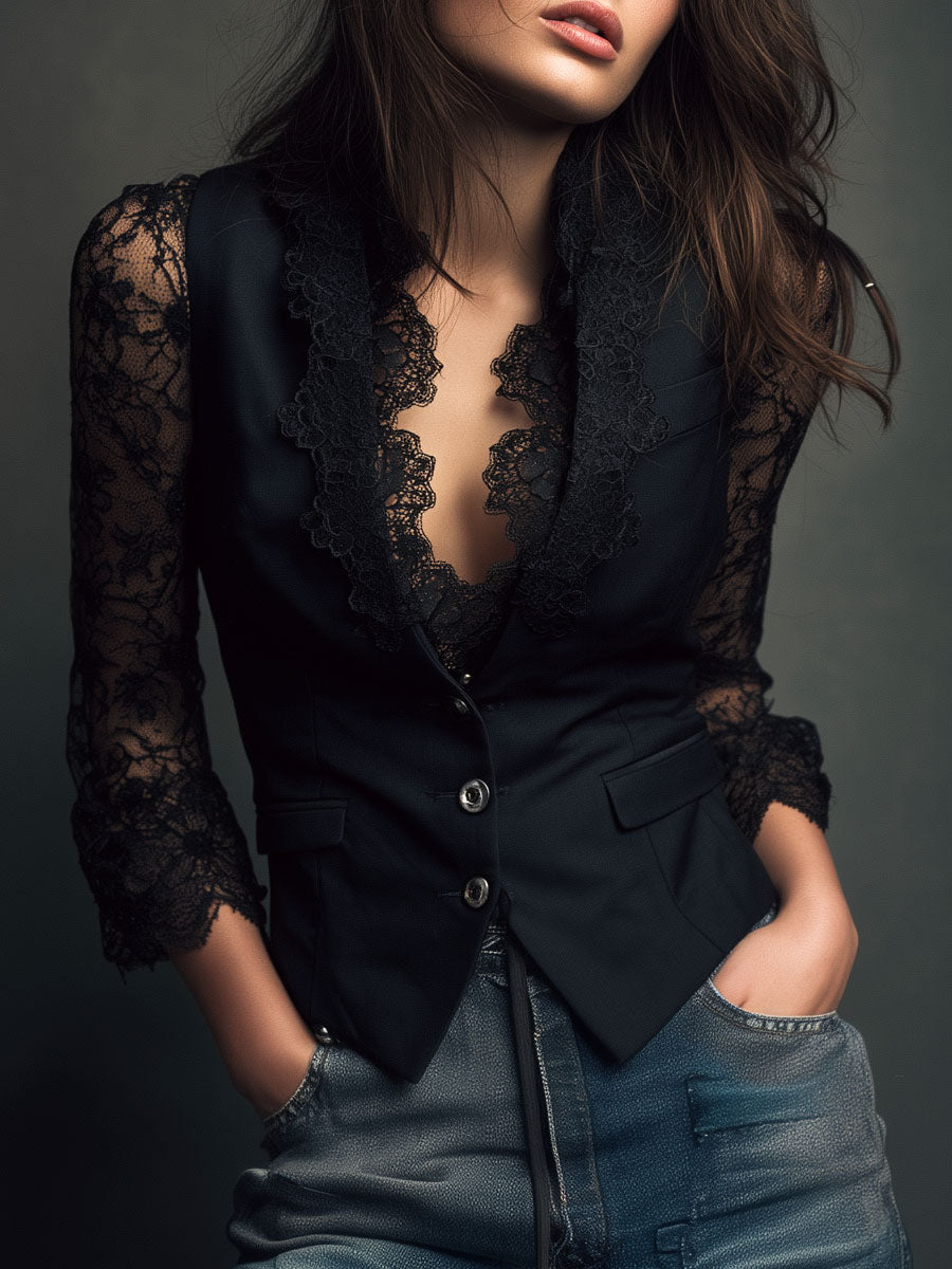 Olga · Blazer negro con mangas transparentes