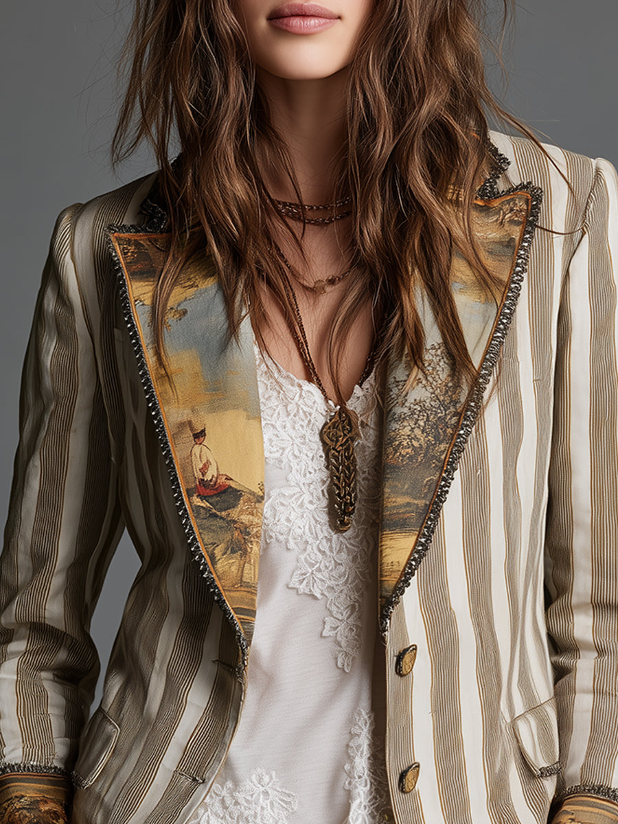 Blazer bohemio de rayas con cuello estampado