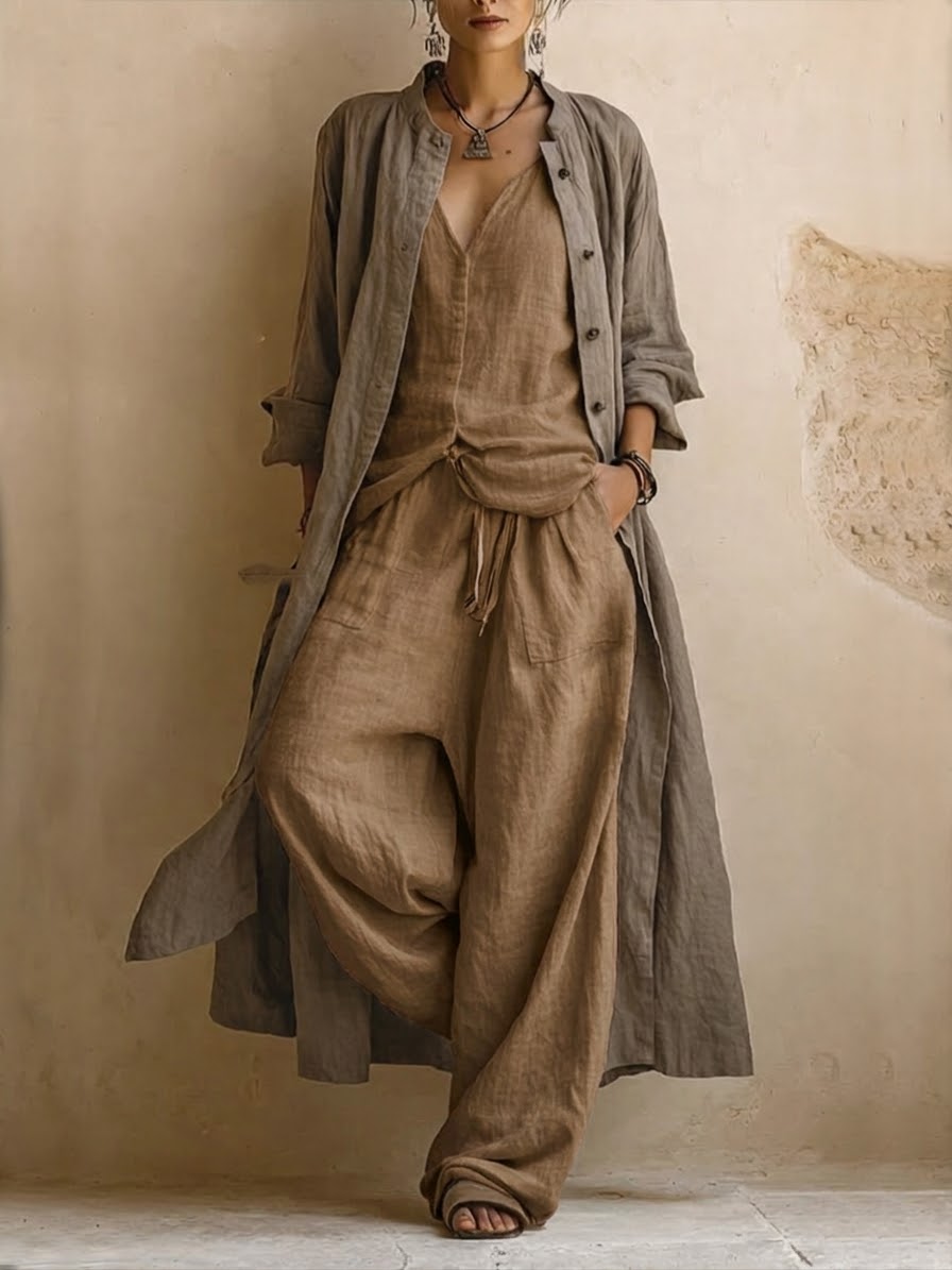 Conjunto de tres piezas con cárdigan largo boho