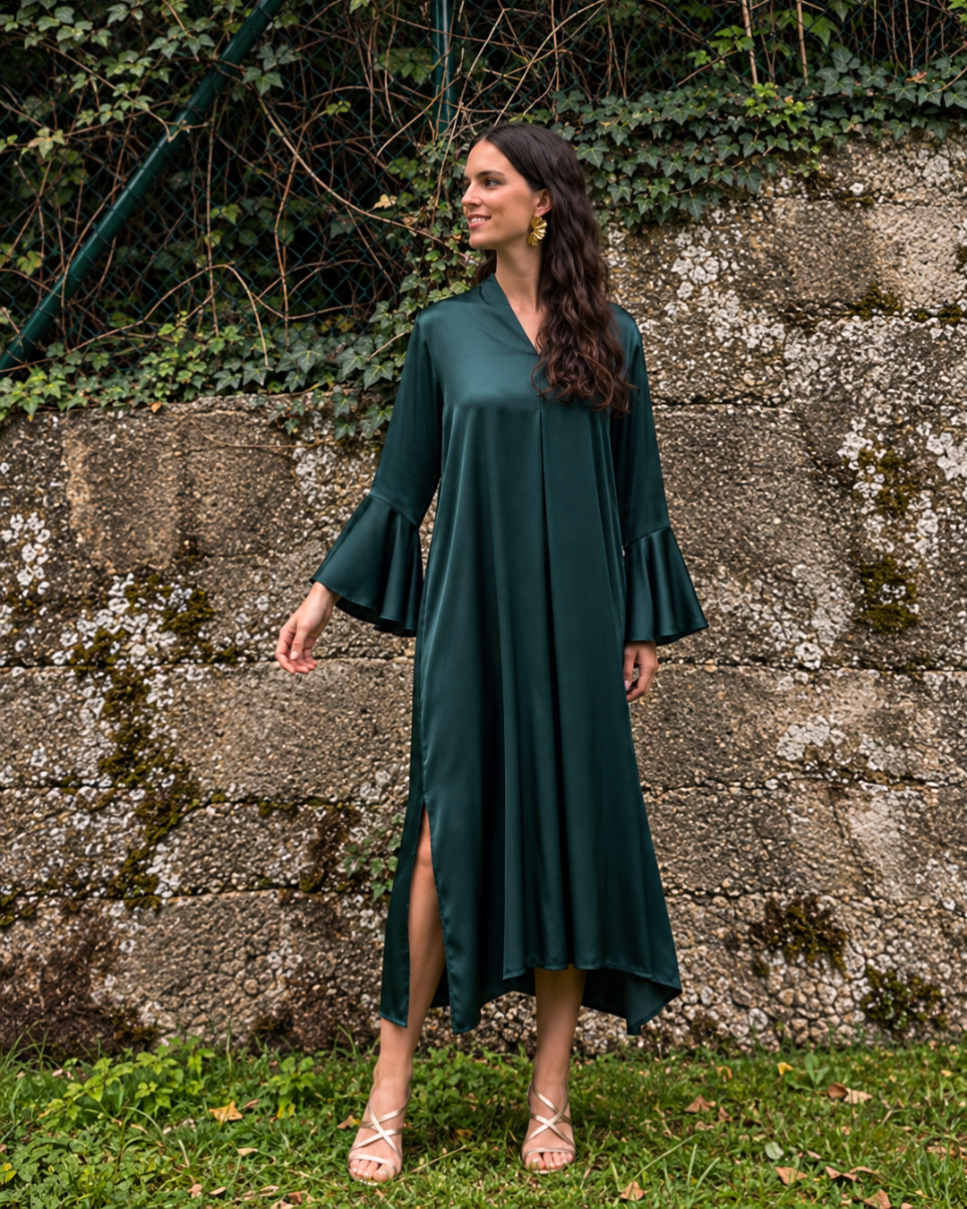 Vestido midi con escote en V verde (Talla grande)