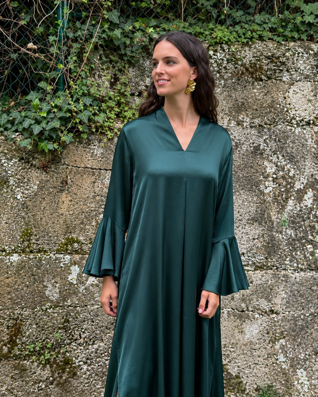 Vestido midi con escote en V verde (Talla grande)