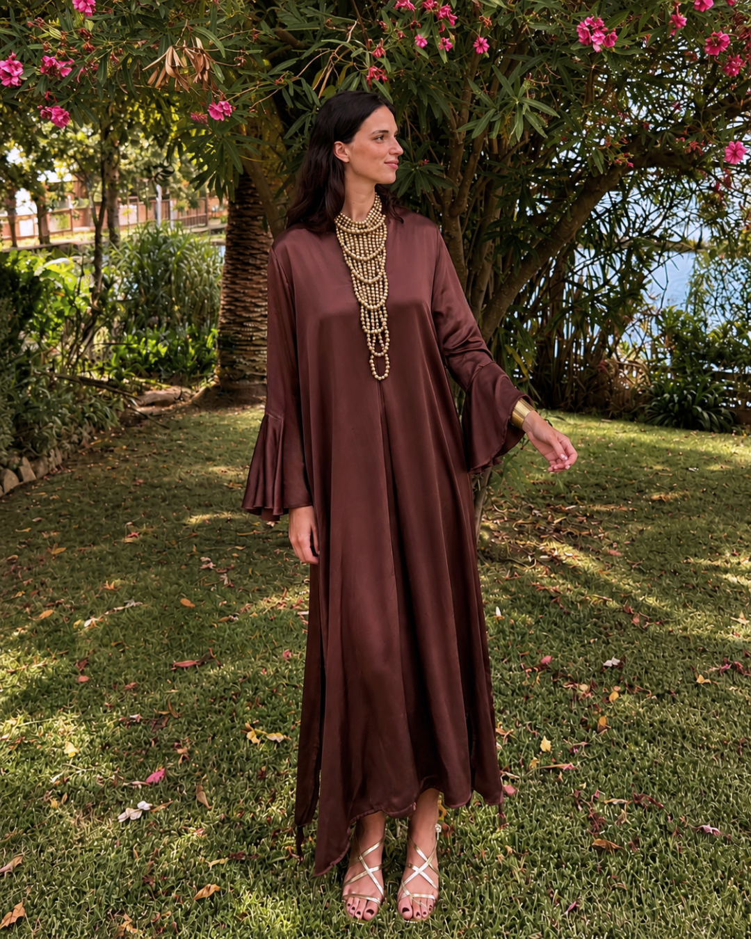 Vestido midi con escote en V marrón (Talla grande)