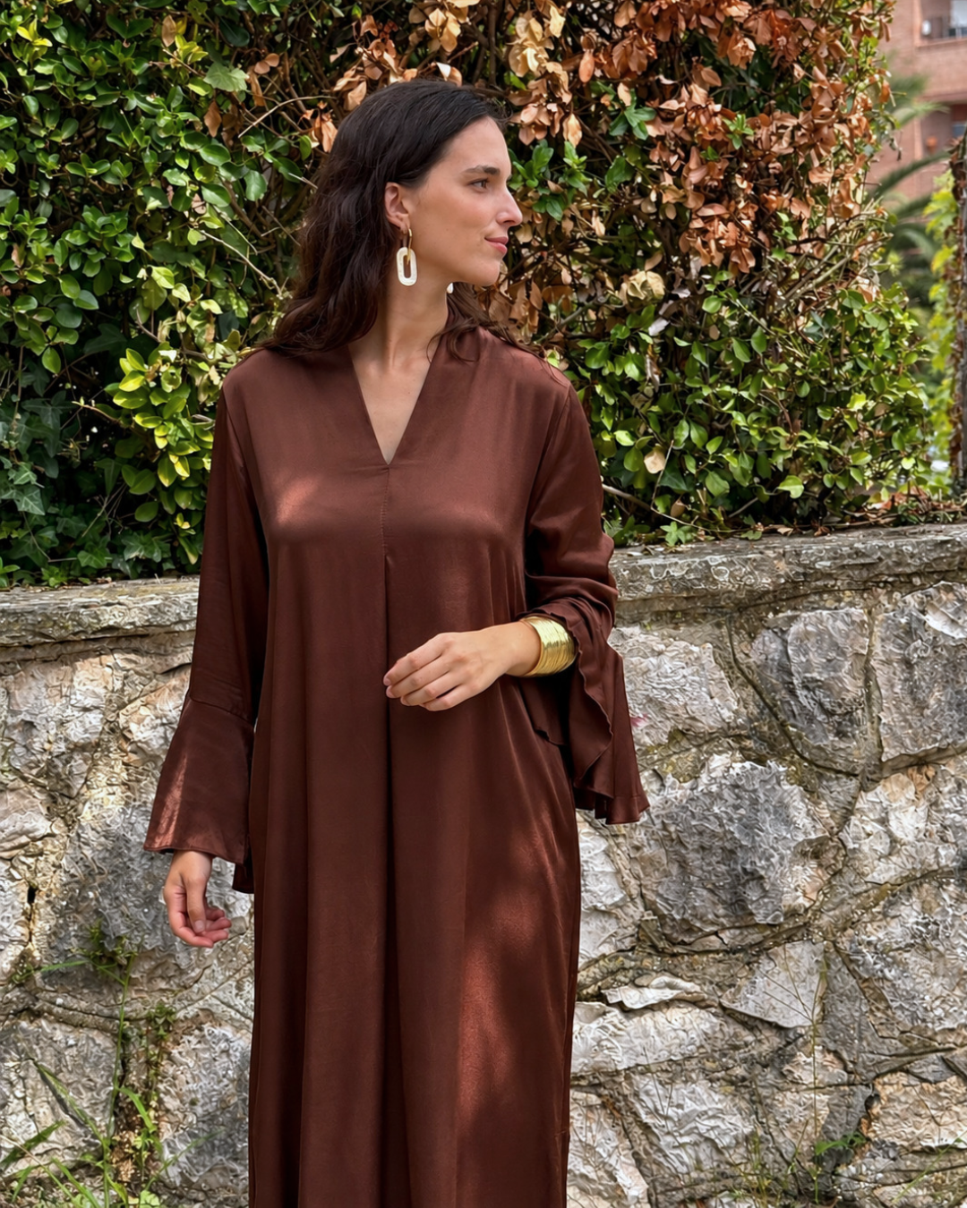 Vestido midi con escote en V marrón (Talla grande)