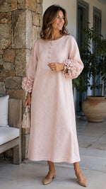 Vestido Estilo Francés con Flores 3D y Mangas Abullonadas