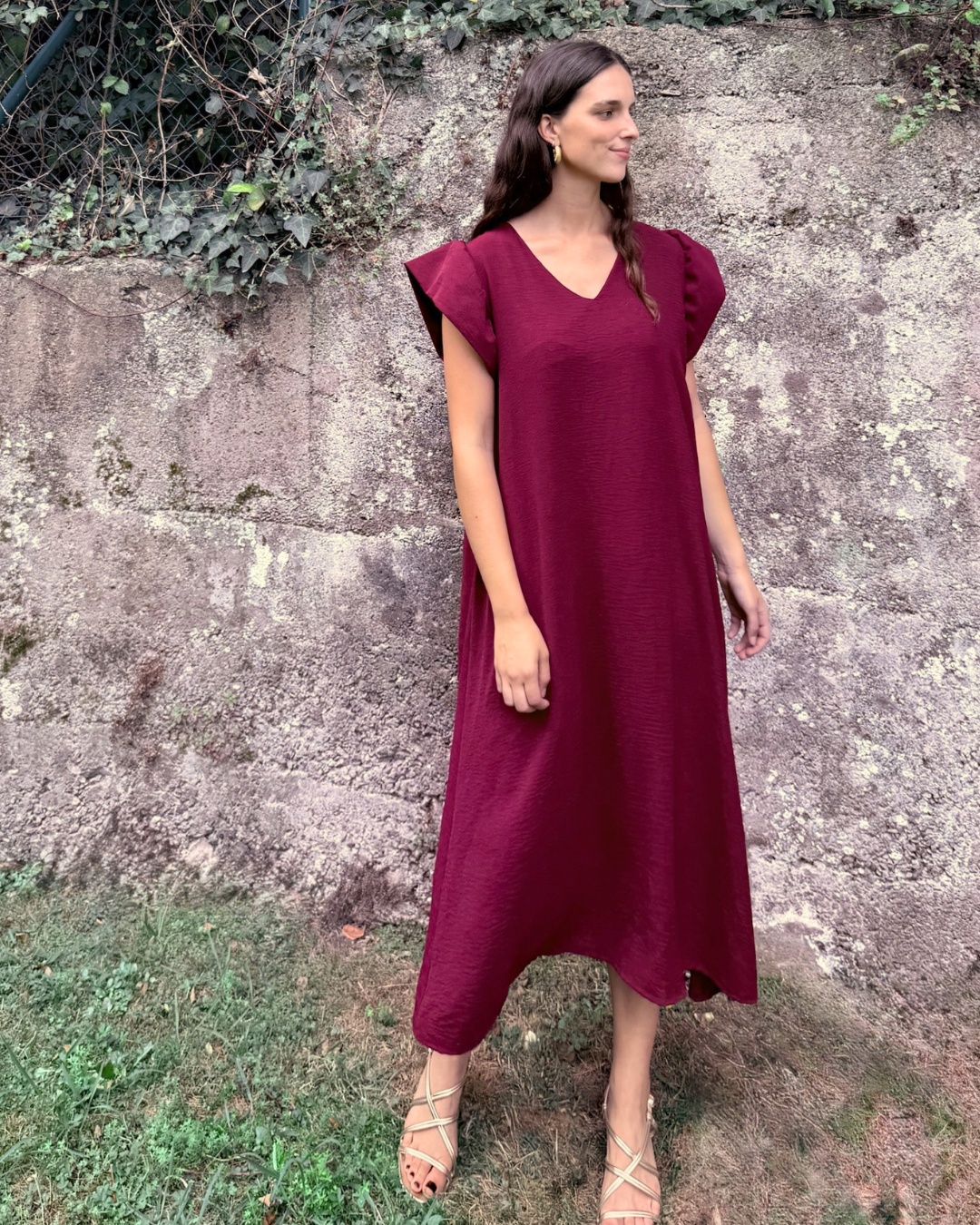 Vestido largo recto burdeos