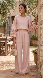 Rosa · Conjunto de puños florales y pantalón ancho