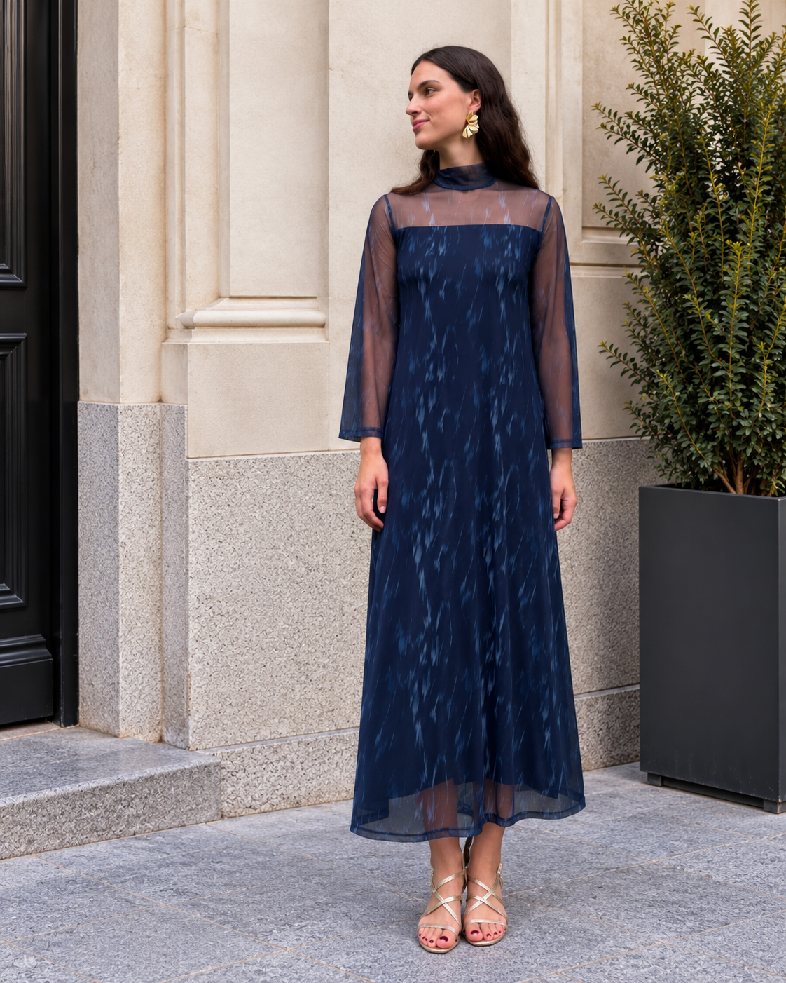 Vestido midi de tul estampado marino