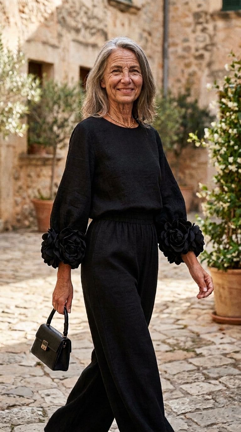 Conjunto de Top con Puños Florales y Pantalones de Pierna Ancha
