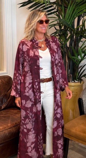 Susana · Kimono midi estampado burdeos