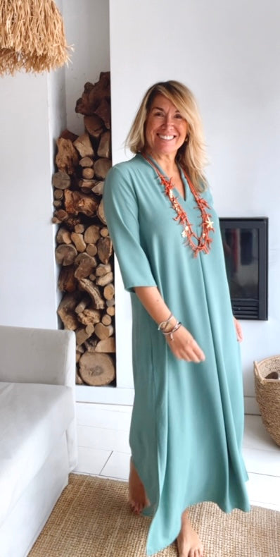 Vestido caftán midi verde agua