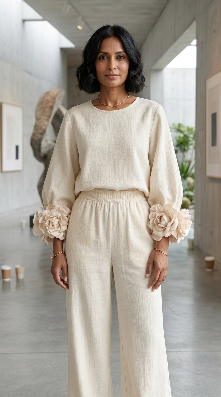 Conjunto de Top con Puños Florales y Pantalones de Pierna Ancha