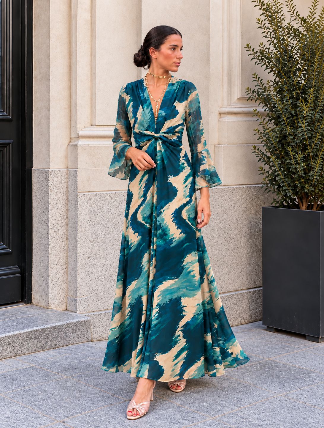 Vestido largo estampado azul