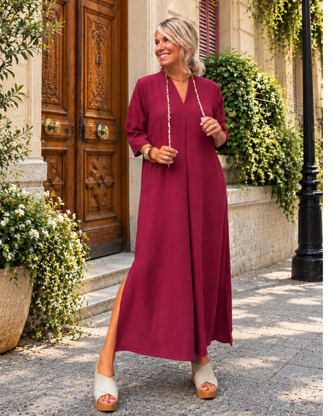 Vestido caftán midi burdeos