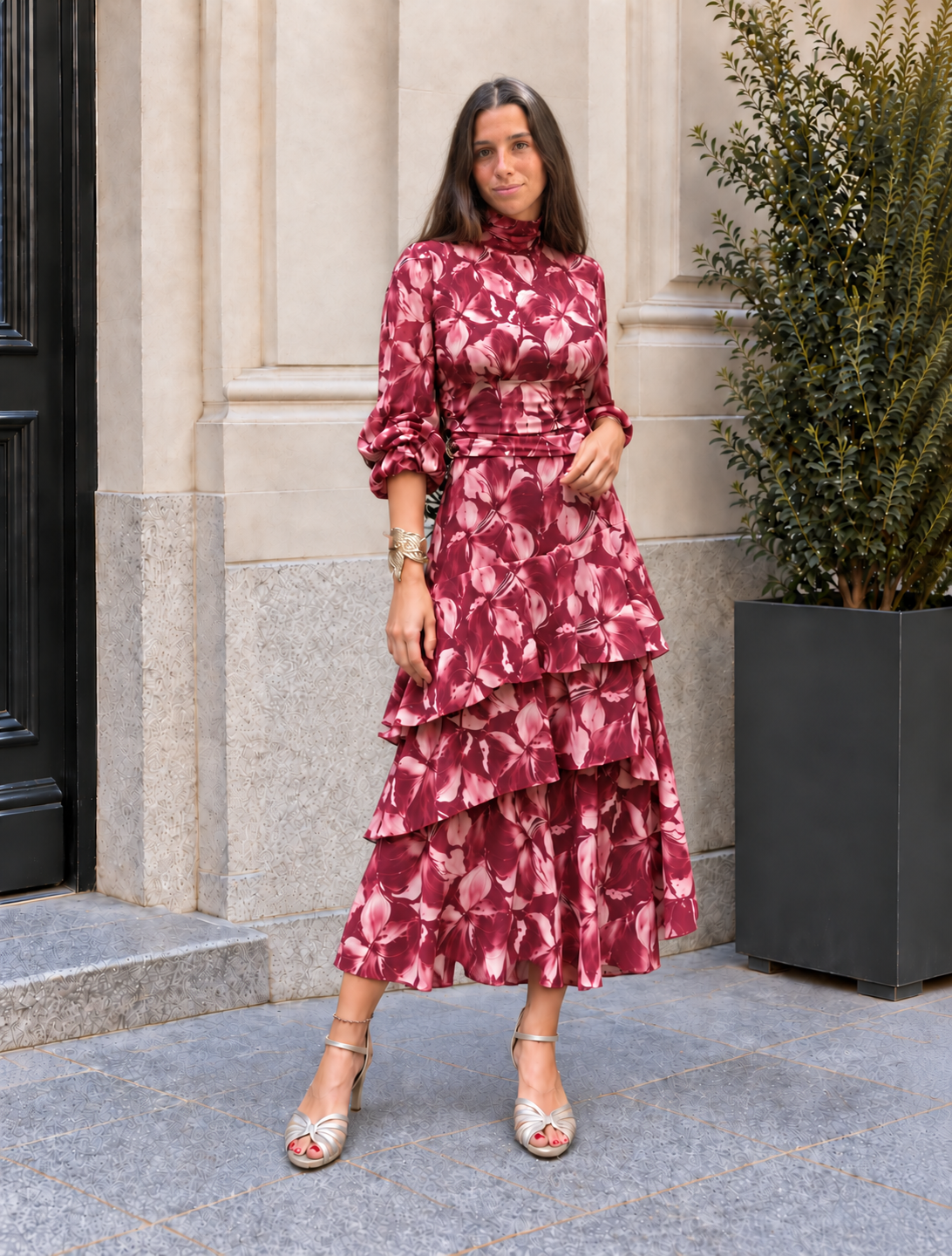 Vestido midi floral rosa