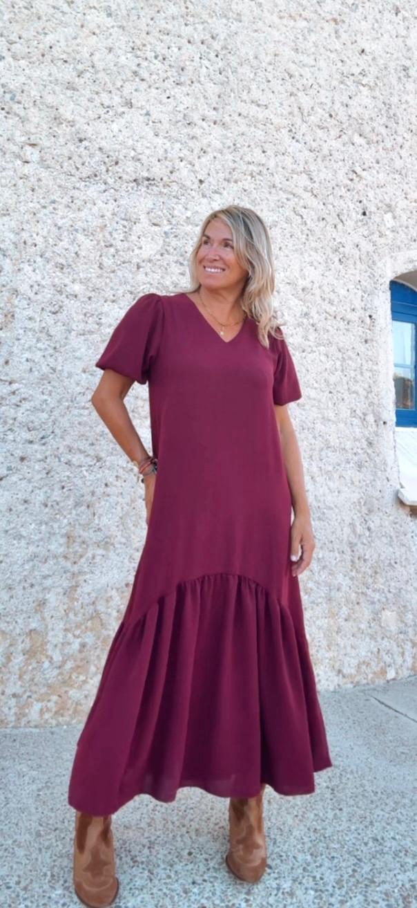 Vestido largo evasé granate