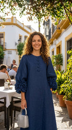 Vestido Estilo Francés con Flores 3D y Mangas Abullonadas