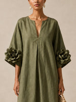 Lidia · Vestido midi verde oliva con flores 3D