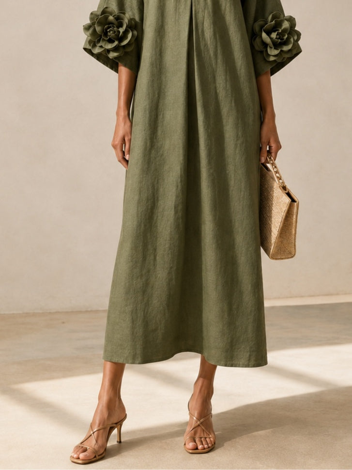 Vestido midi verde oliva con escote en V y mangas con estampado floral original