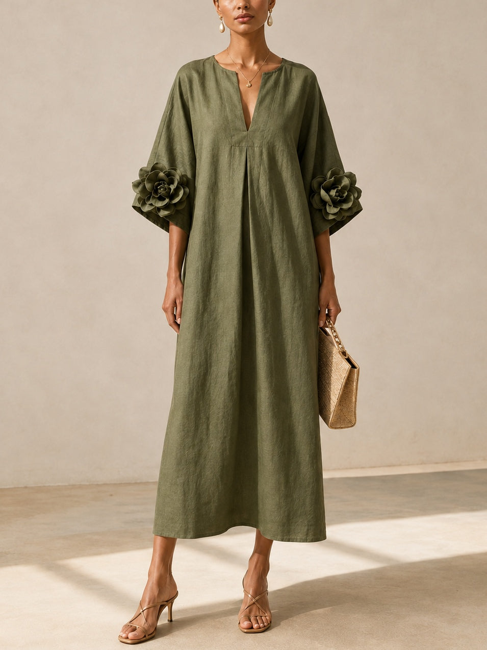 Vestido midi verde oliva con escote en V y mangas con estampado floral original