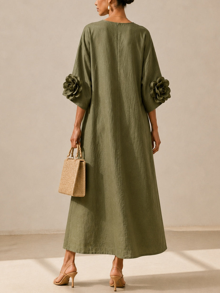 Vestido midi verde oliva con escote en V y mangas con estampado floral original