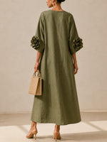 Vestido midi verde oliva con escote en V y mangas con estampado floral original