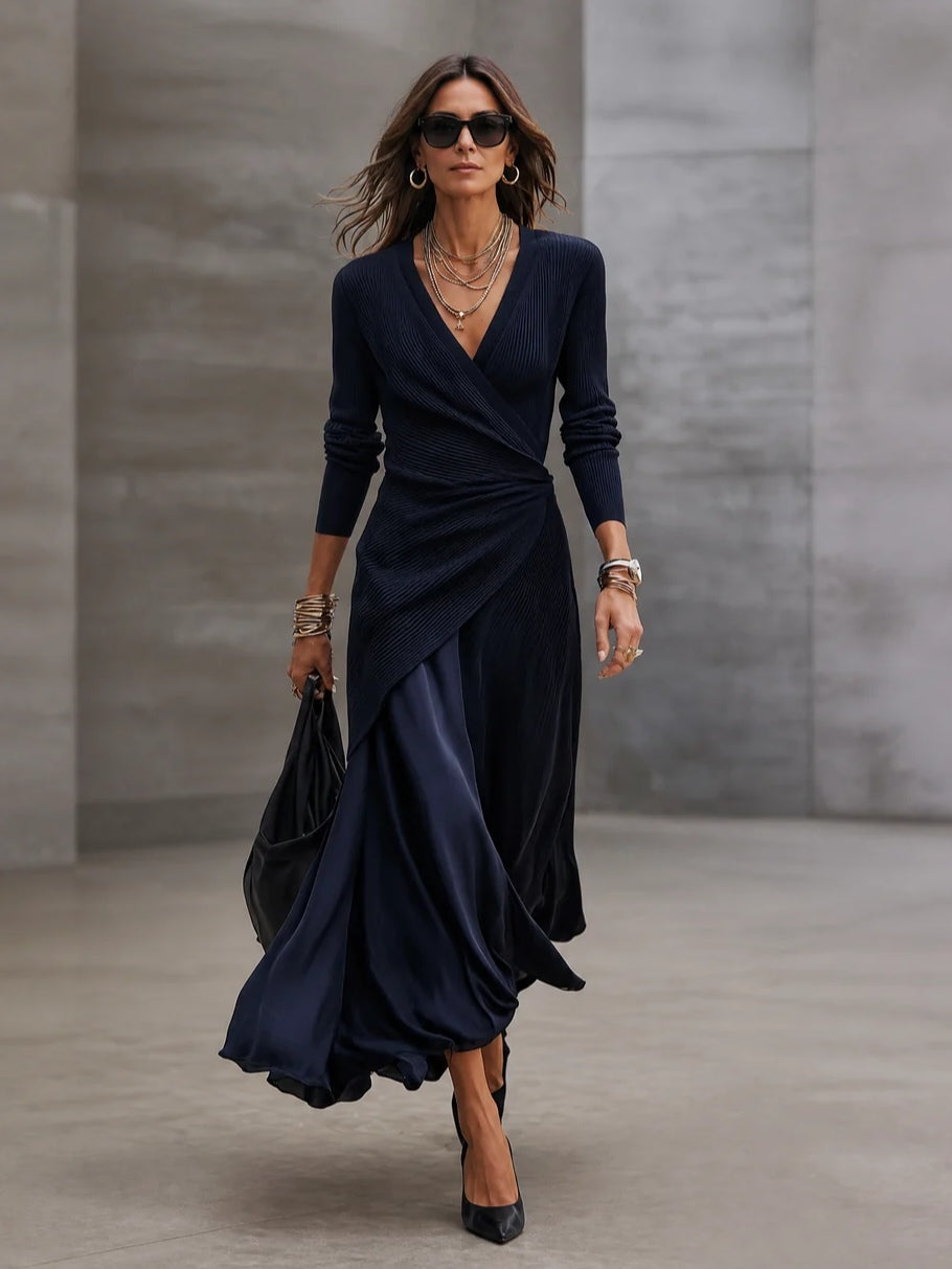 Vestido maxi cruzado con falda de raso