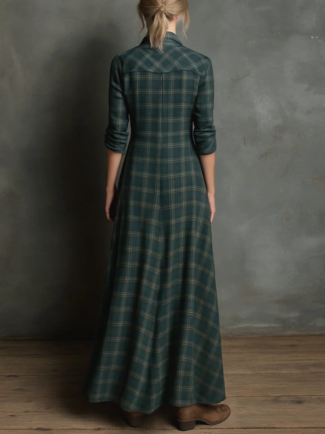 Vestido camisero largo de cuadros vichy verde