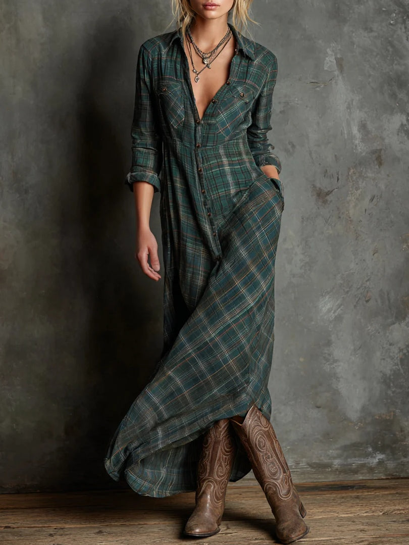 Daniela · Vestido camisero largo vichy verde