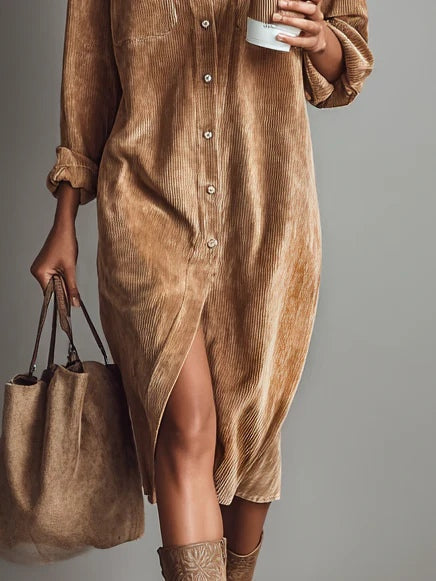 Vestido midi de pana con bolsillos y botonadura simple