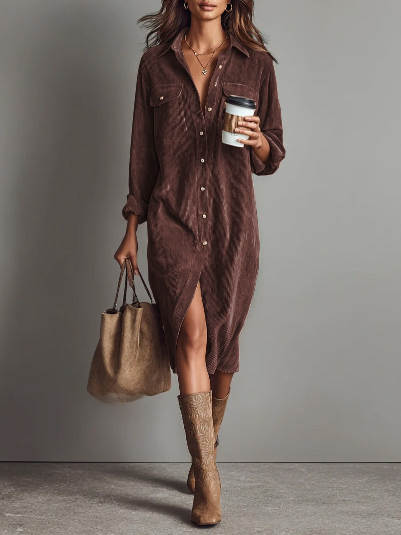 Vestido midi de pana con bolsillos y botonadura simple
