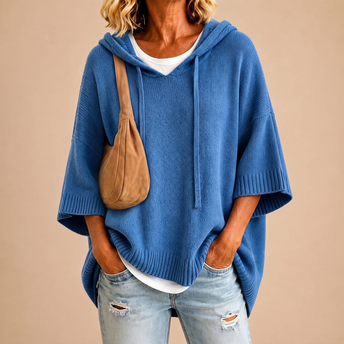 Poncho 100% lana de Cashmere con capucha + bolso de regalo