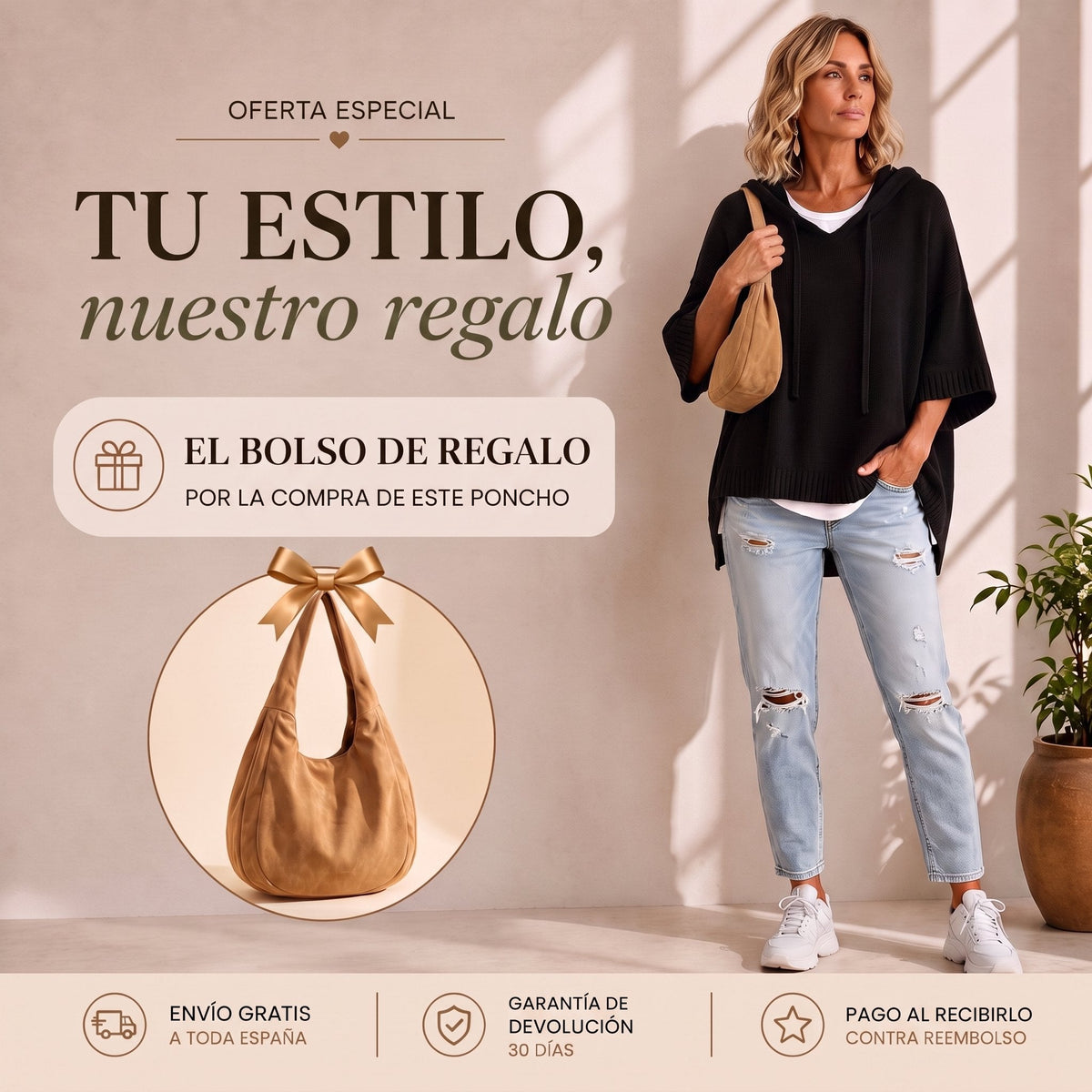 Poncho 100% lana de Cashmere con capucha + bolso de regalo