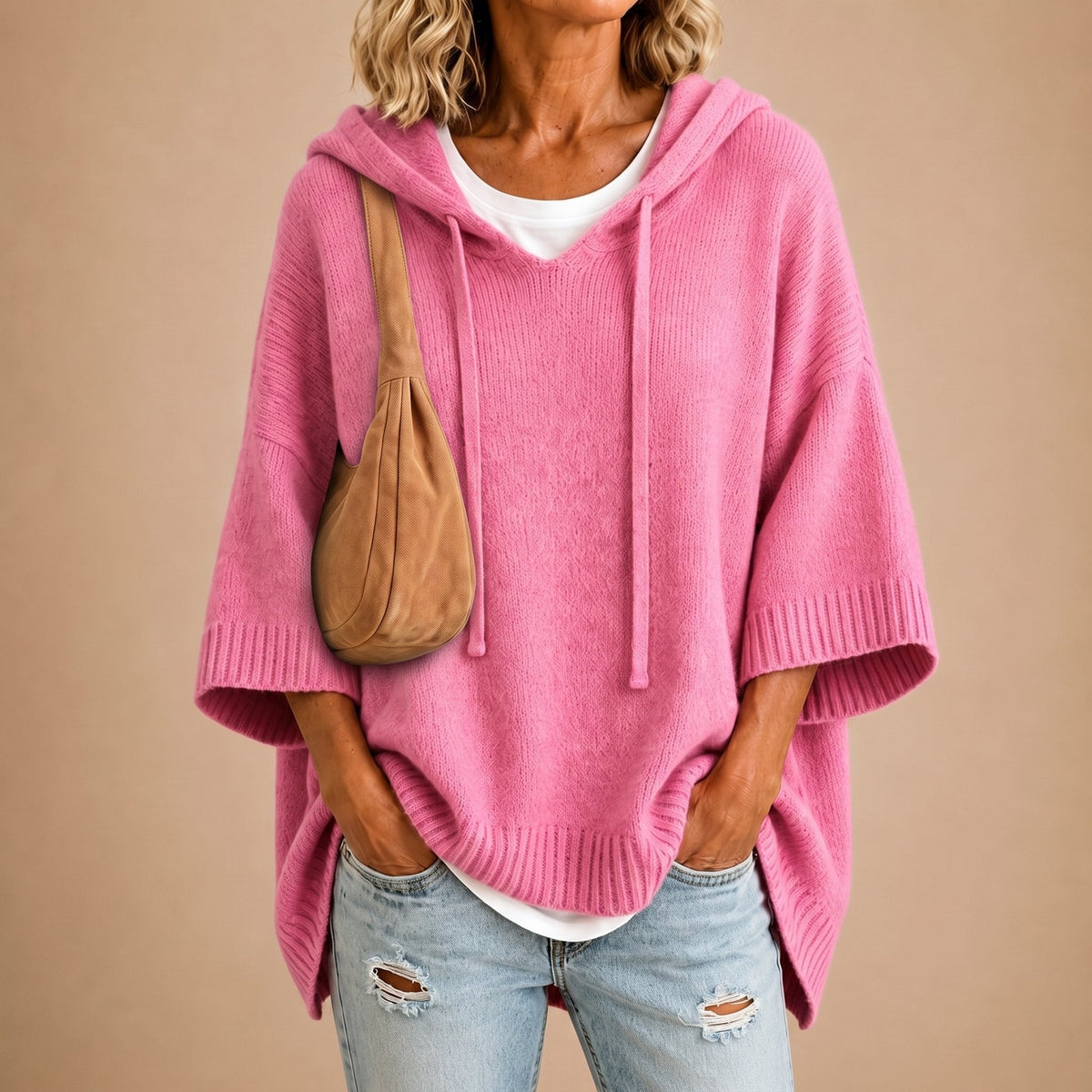 Poncho 100% lana de Cashmere con capucha + bolso de regalo