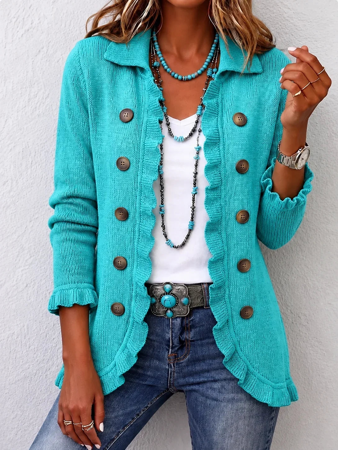 Paulina · Chaqueta de punto turquesa con volantes