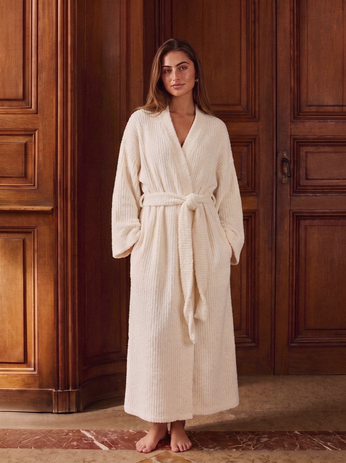 Celeste · Bata larga de punto rizo