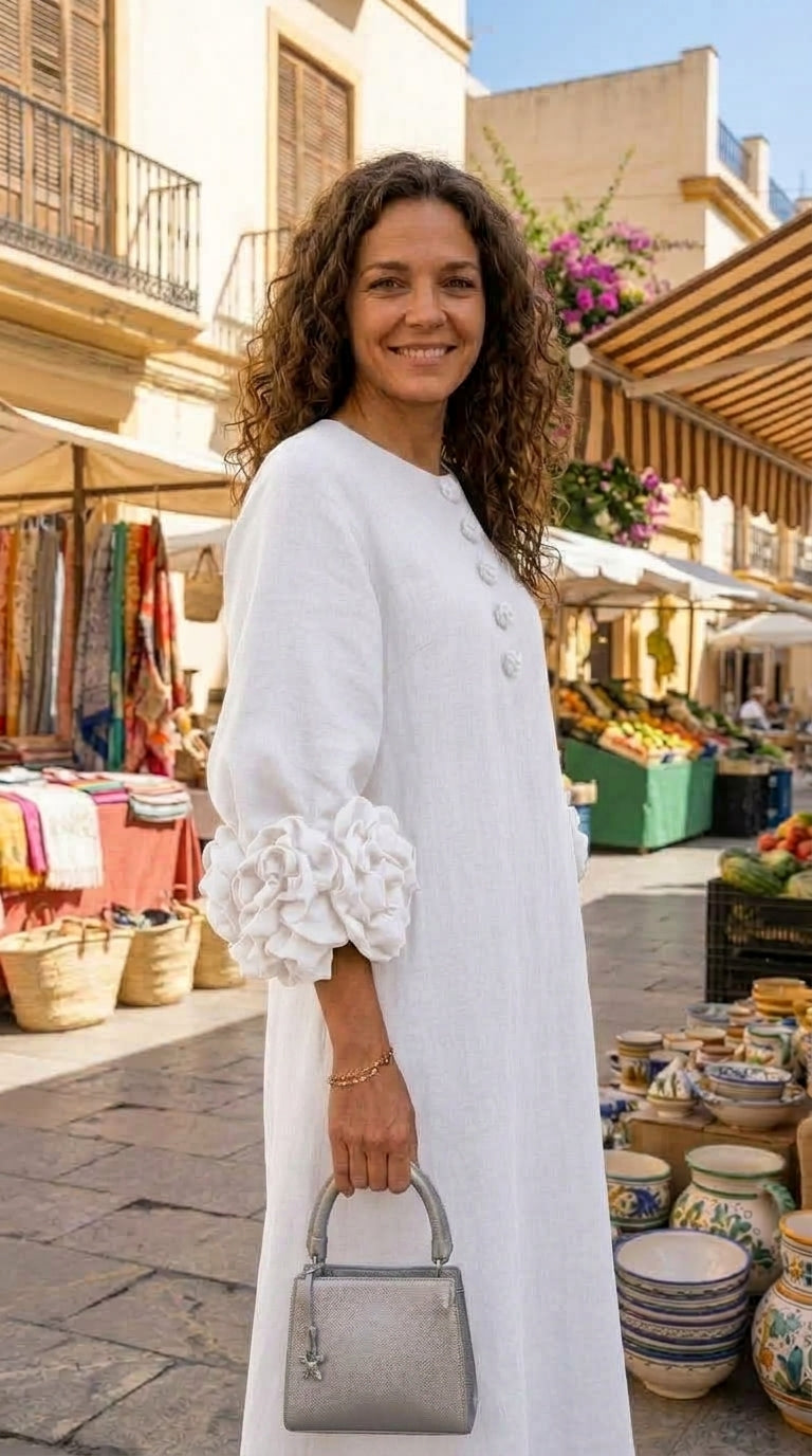 Magdalena · Vestido con flores 3D y manga abullonada