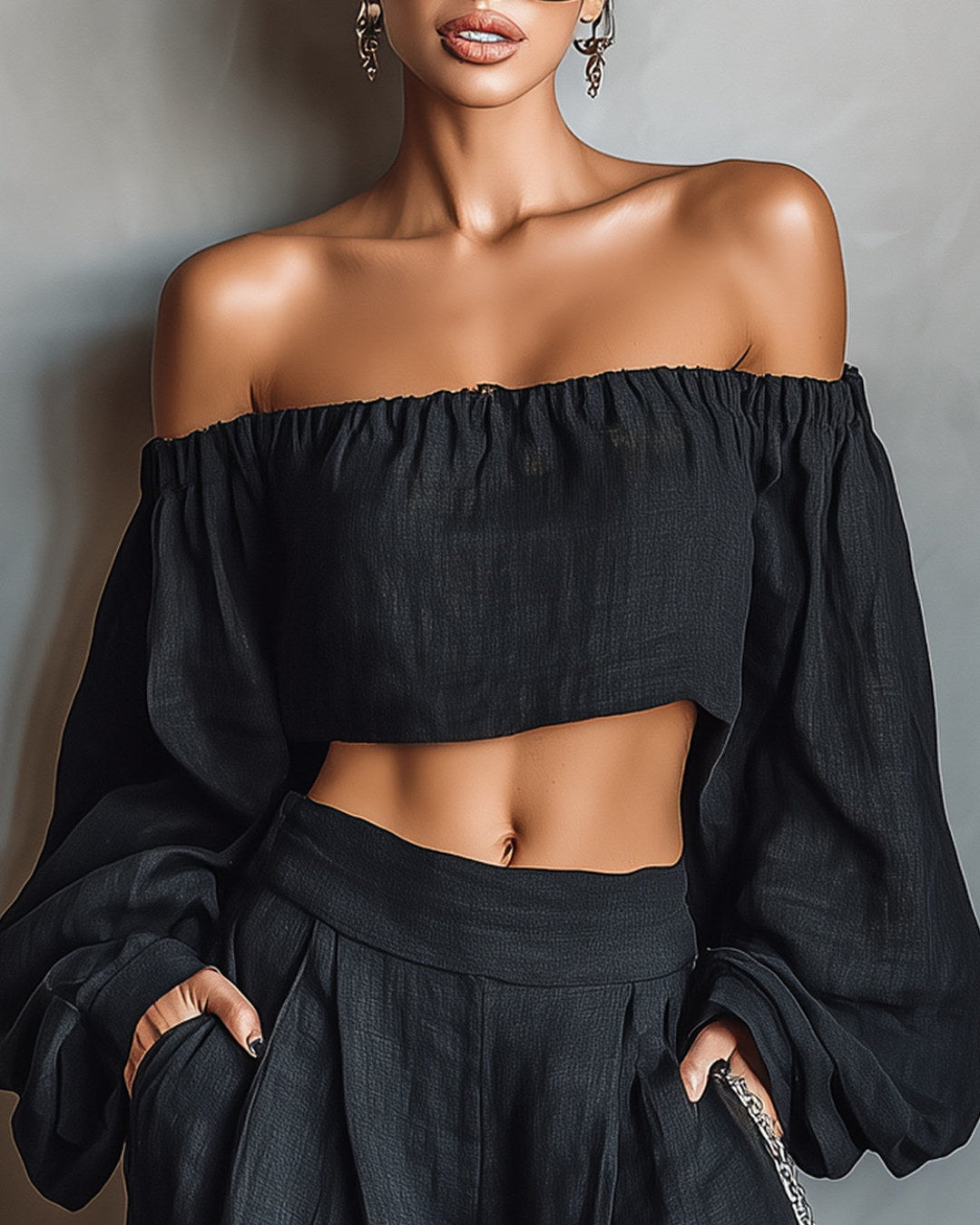 Conjunto de hombros descubiertos y pantalón
