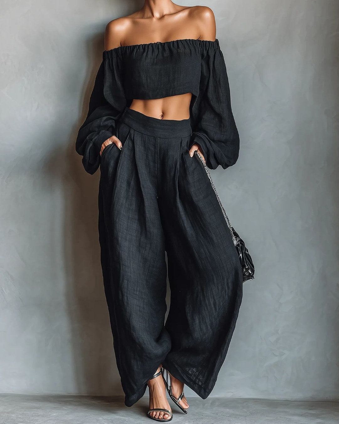 Tania · Conjunto de hombros descubiertos y pantalón