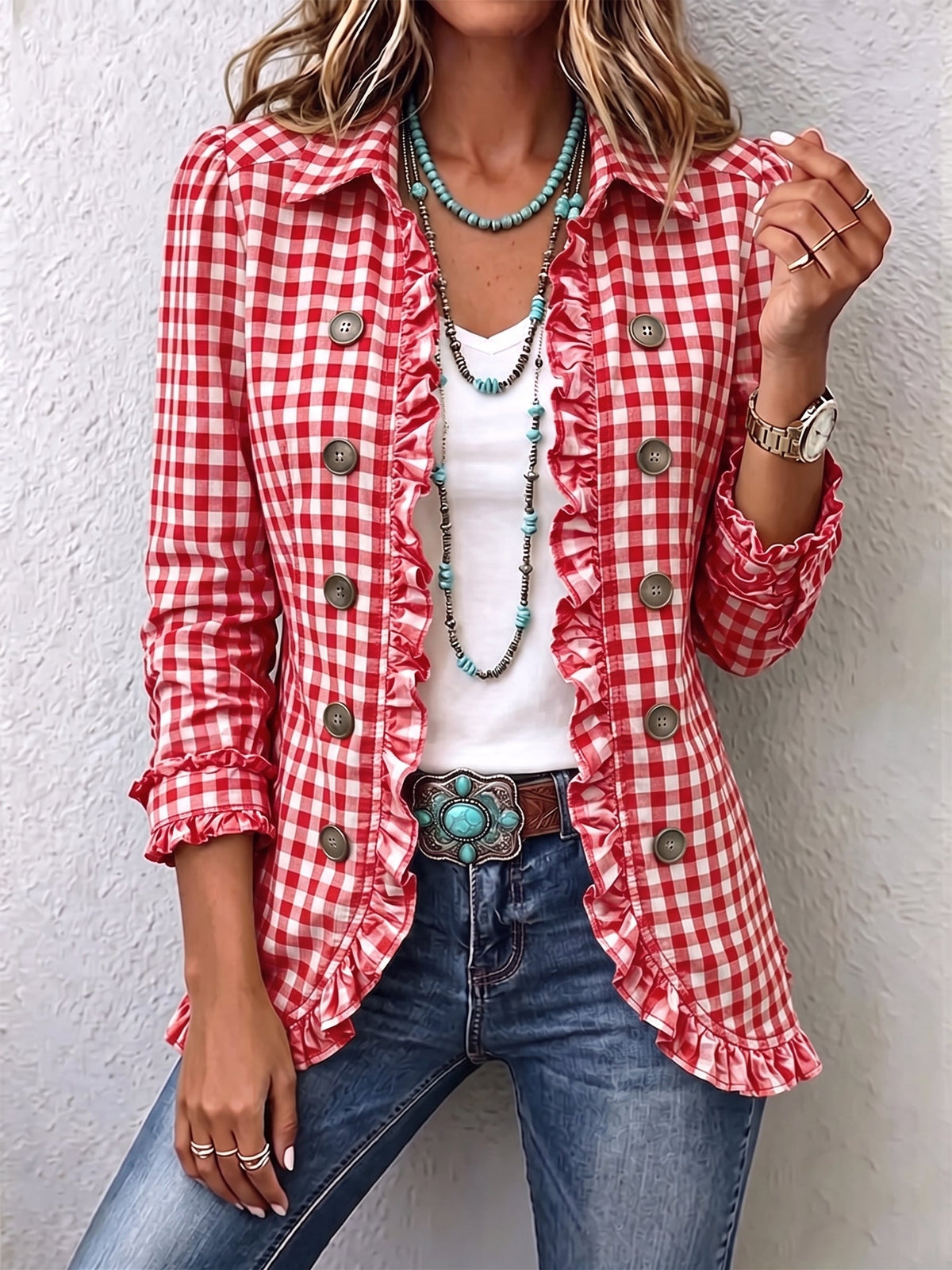 Chaqueta de cuadros vichy con volantes