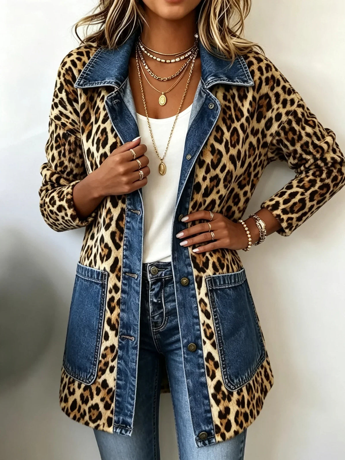 Chaqueta larga de leopardo con vaquero