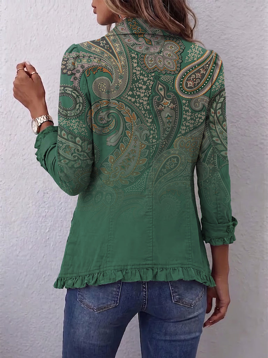 Teodora · Chaqueta de cachemira verde con volantes
