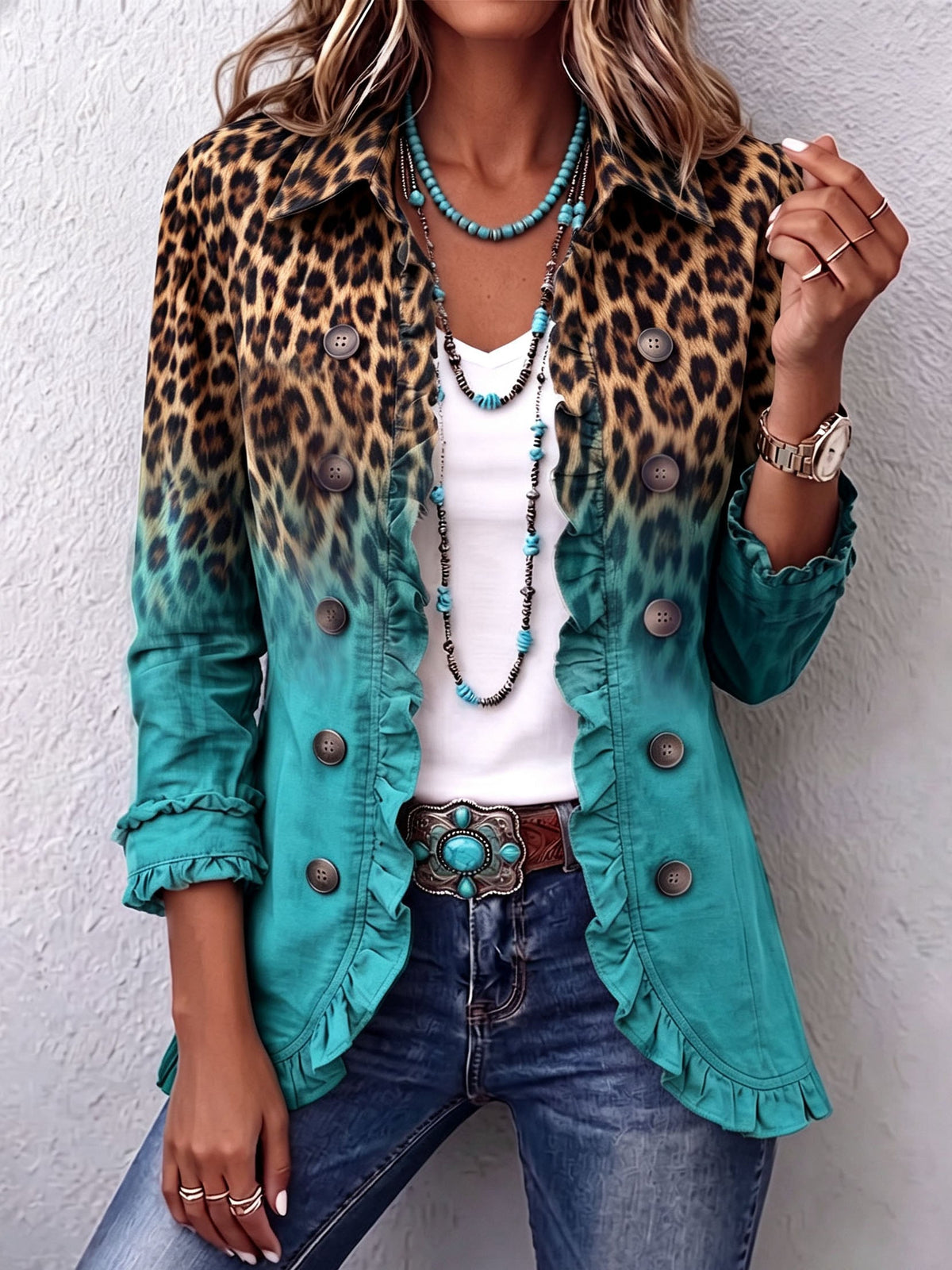Chaqueta blazer leopardo degradado con volantes