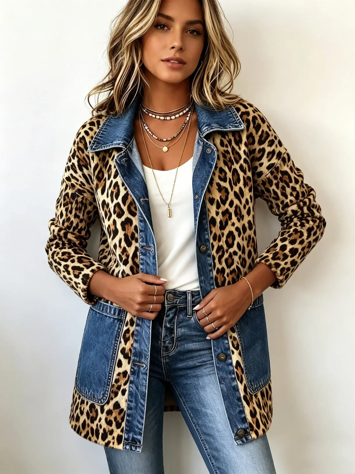Chaqueta larga de leopardo con vaquero