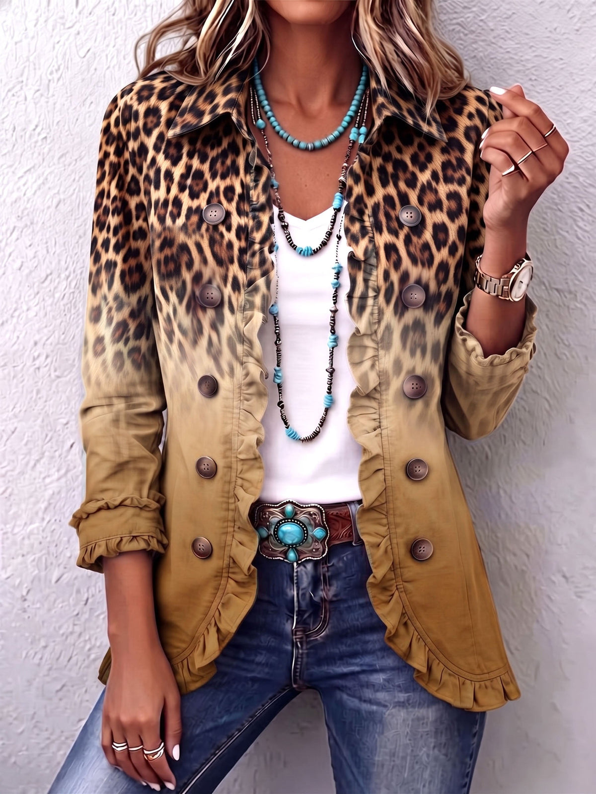 Chaqueta blazer leopardo degradado con volantes